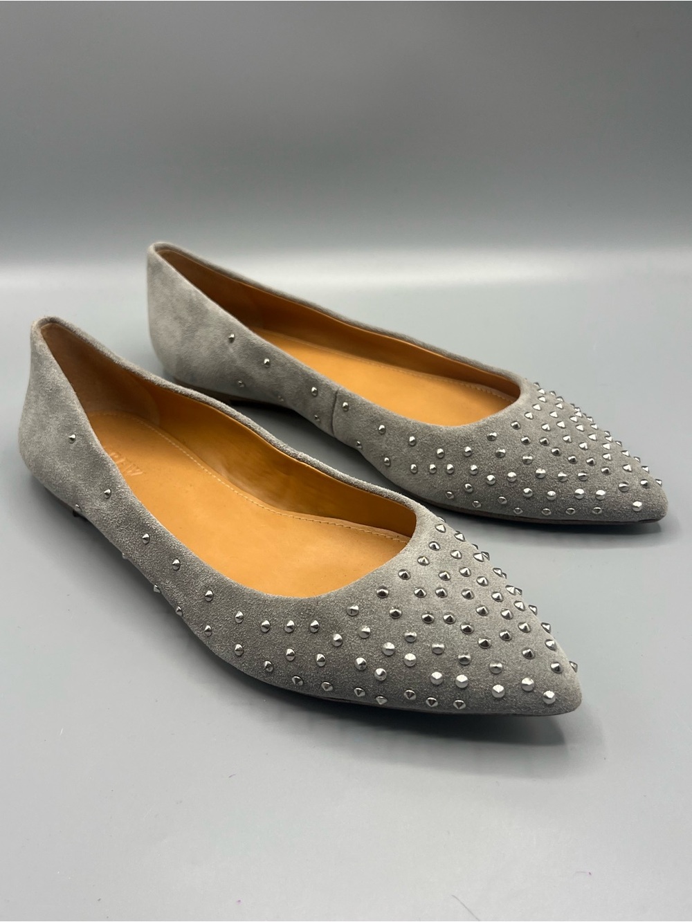 J.Crew Suede Pointed Toe Ballet Flats Gray Silver Studded Leather Women’s